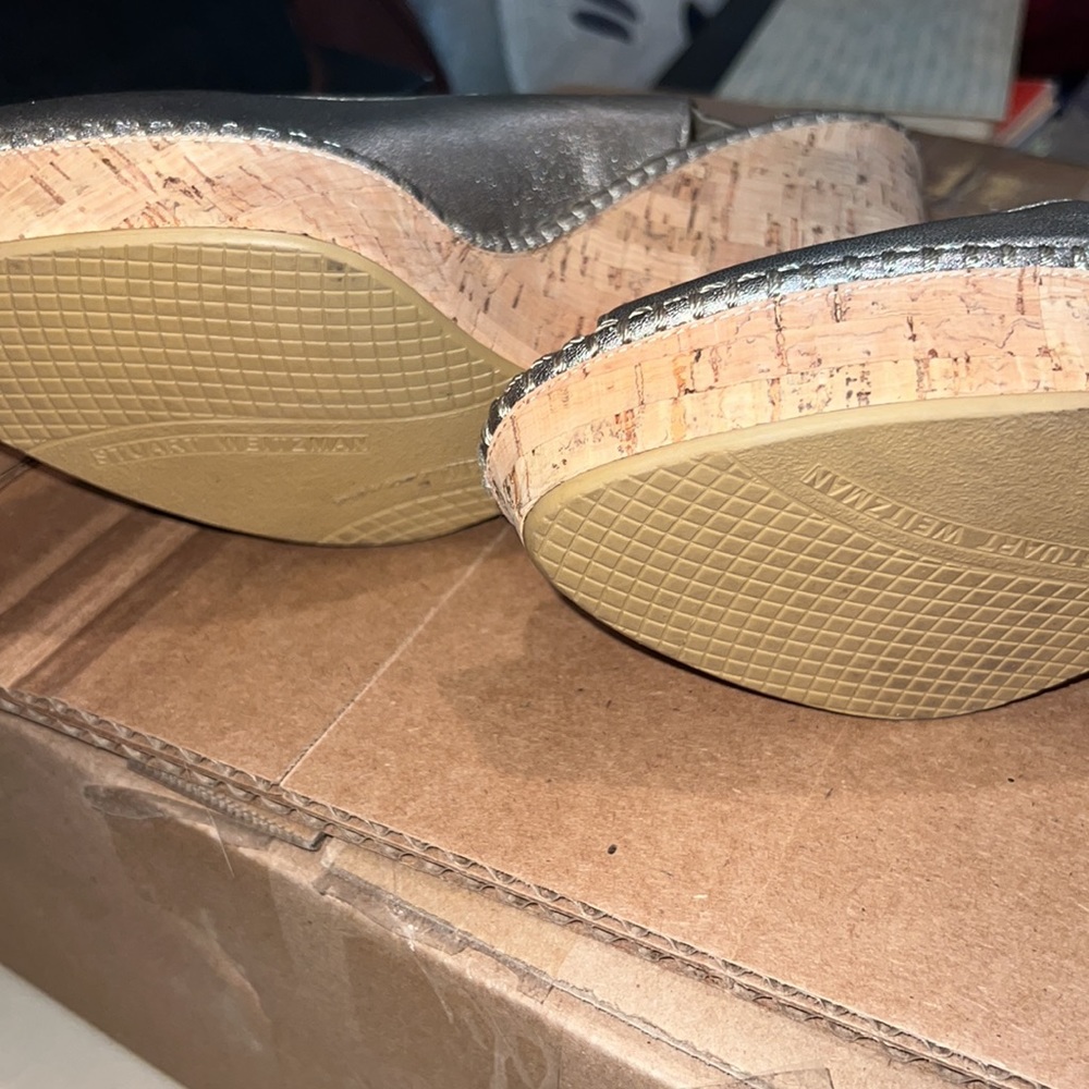 Stuart Weizmann Gold Riviera Cork Wedge Heel Shoe - image 4